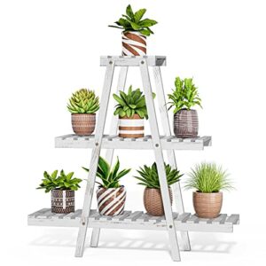 POTEY 3 Tier Wood Plant Stand, Ladder Plant Stand Tiered Plant Shelf for Multiple Plants, Indoor & Outdoor Flower Pots Whtie