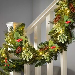 SHareconn 9FT Prelit Artificial Christmas Garland with Multi-Color Lights with Timer by Batteries Operated, Pine Cones and Red Berries for Mantle Stairs Fireplace Xmas Decoration, Indoor Outdoor,Green