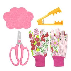 C.RAN FIRE 5PCS Rose Thorn Tools Rose Leaf Thorn Strippers with a Rose Pruning Shears and Garden Rose Gloves Pink