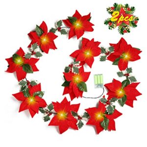 Geefuun 2PCS Poinsettia Christmas Flowers Decorations Garland String Lights - 18FT Xmas Tree Artificial Ornaments Indoor/Outdoor Party Decor with Red Berries Holly Leaves & Timer (Not Batteries)