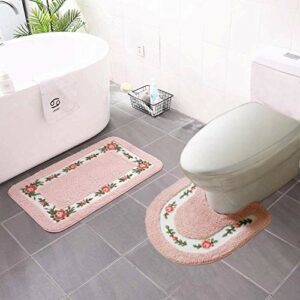 Abreeze Non-Skid Floral Rose Bathroom Rugs Set of 2pcs,Soft Shaggy Bath Shower Mat and U-Shaped Toilet Floor Rugs,Pink