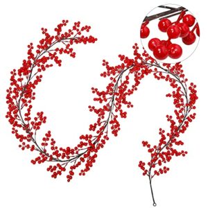 Lulu Home Red Berry Garland, 8.9FT Flexible Artificial Christmas Holly Berry Vine, Winter Berry Garland for Mantle Xmas Tree Window Door Hanging Indoor Outdoor Holiday Decoration