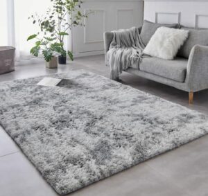 TABAYON Shag Area Rug, 4'x6' Tie-Dyed Light Grey Indoor Ultra Soft Plush Rugs for Living Room, Non-Skid Modern Nursery Faux Fur Rugs for Kids Room Home Decor