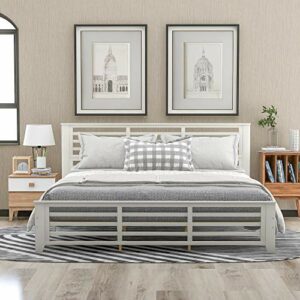 SOFTSEA King Platform Bed Frame with Headboard and Footboard, Solid Wood Bed Frame for Adults/ Wood Slat Support / No Box Spring, Modern Bed Frame with Horizontal Strip Hollow Shape, King Size, White