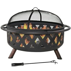 Sunnydaze Black Crossweave Large Outdoor Fire Pit - 36-Inch Heavy-Duty Wood-Burning Fire Pit with Spark Screen for Patio & Backyard Bonfires - Includes Poker & Round Fire Pit Cover