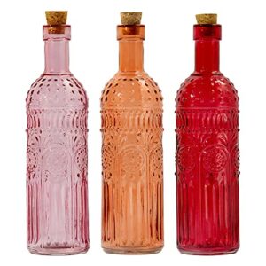 Vintage Vase Decorative Glass Vases, Embossed Colored Glass Bottles,Large Wine Bottle Size,Set of 3 with Cork Lid-Flower Bud Vases, Garden Decor, Suncatchers,Bottle Trees(Warm)