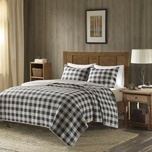 Woolrich All Season Lightweight Coverlet, Cozy Bedding Layer, Matching Shams Quilt Set-Cottage Styling Reversed to Solid Color, Oversized King/Cal King, Buffalo Check Gray, 3 Piece