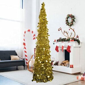 5ft Pop Up Gold Christmas Tree,Artificial Pencil Tinsel Trees for Home Decorations Indoor Holiday Party WOKEISE