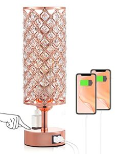 Acaxin Crystal Table Bedside Lamp Touch Control, 3-Way Dimmable & Bulb Included, Girls Rose Gold Bedroom Decorative Tabletop Lamp with USB Ports and Outlets, Small Nightstand Lamp for Guest Room
