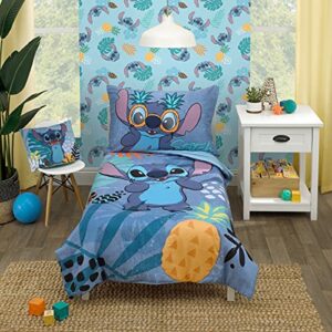 Disney Stitch Weird But Cute Blue, Teal and Coral 4 Piece Toddler Bed Set - Comforter, Fitted Bottom Sheet, Flat Top Sheet, and Reversible Pillowcase