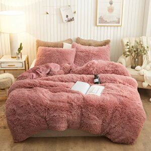 XeGe Plush Shaggy Duvet Cover Set, Luxury Ultra Soft Crystal Velvet Fluffy Bedding Sets 3 Pieces(1 Furry Faux Fur Comforter Cover + 2 Fuzzy Faux Fur Pillowcases), Zipper Closure(Queen, Old Pink)