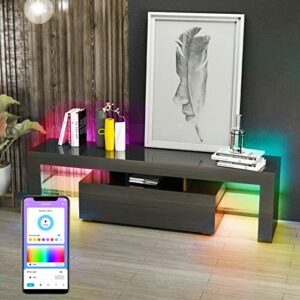 Mjkone LED TV Stands for 65+ Inch Tv, Entertainment Center with RGB LED Lights, Light Controlled by Alexa or App, High Gloss Television Stands, Black TV Stand for Living Room (Smart Black)