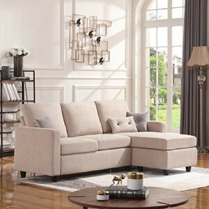 HONBAY Convertible Sectional Sofa, L Shaped Couch with Linen Fabric, Reversible Sectional Sofa Couch for Small Space, Dark Beige