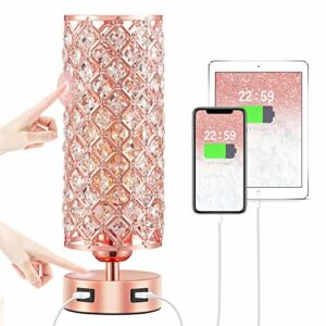 Crystal Table Lamp, Hong-in Rose Gold Lamp with USB Ports, 3 Way Dimmable Light with Crystal Lampshade, Bedside Lamp Small Touch Light for Living Room Bedroom Home, Charge Phone (Bulb Included)