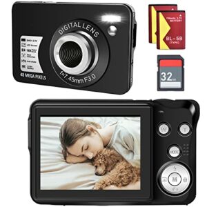 Digital Cameras - HD Compact Camera 48MP 2.7K Small Portable Camera for Teens with 16X Digital Zoom Mini Camera with 32 GB SD Card and 2 Batteries (Black)