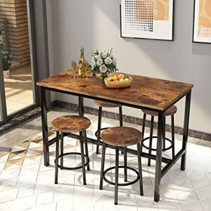 AWQM Bar Table and Chairs Set Industrial Counter Height Pub Table with 4 Chairs Bar Table Set 5 Pieces Dining Table Set Home Kitchen Breakfast Table, Rustic Brown