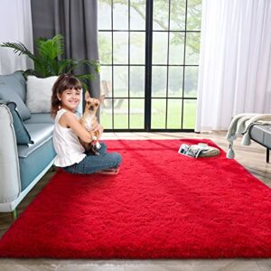 Lascpt Area Rugs for Living Room, Super Soft Fluffy Fuzzy Rug for Bedroom, Red Furry Shag Rug 5x8, Plush Carpet Home Decor for Girls Kids Dorm Room, Accent Indoor Non-Slip Cute Baby Nursery Rug