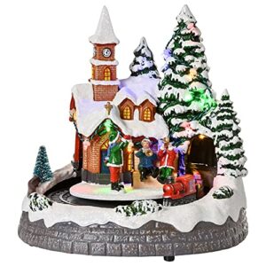 HOMCOM Animated Christmas Village, Pre-lit Musical Collectable Decor with Moving Train for Indoor Holiday Displays, Built-in LED Lights for Tabletop