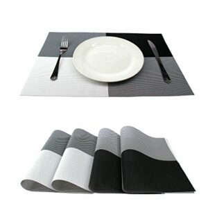 GEFEII PVC Woven Vinyl Non-Slip Heat-Resistant Grid Black and White Placemats Kitchen Dining Party Environmental Table Mats Place Mats Pad Cushion (Black, 4)