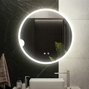 Vlsrka 24 Inch Round Bathroom LED Lighted Mirror, Wall Mounted Vanity Makeup Mirror with Lights, 3 Colors Dimmable Brightness, IP54 Waterproof, Smart Touch Switch, Anti-Fog Circle Mirror for Wall