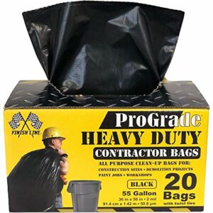 Reli. ProGrade Contractor Trash Bags 55 Gallon (20 Bags w/ Ties) Black 55 Gallon Trash Bags Heavy Duty, Garbage Bags / Construction Bags (2 mil) (55 Gallon - 60 Gallon), Black