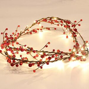 Red Berry Brunch Pre-lit Garland with 30LED Lights, Battery Operated Fairy String Lights with Timer Function for Christmas Party Event Decoration - 5.9FT