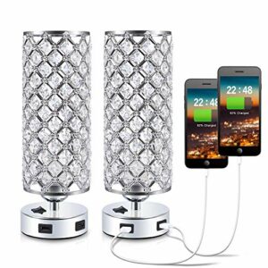 USB Crystal Table Lamps Bedside Lamps Set of 2, Kakanuo Modern Nightstand Lamps with Dual USB Charging Ports, Glam Bedroom Lamps Table Lamps for Bedroom, Living Room, Study Room and Office (Set of 2)