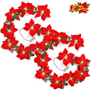 2PCS Poinsettia Christmas Decorations Garland Lights with Red Berries Holly Leaves 13FT – 2 AA Battery Operated (Batteries Not Included)