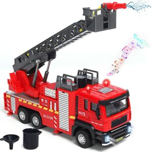 Geek Cheers Real Fire Truck Toy, Alloy Model Functional Firetruck with Water Pump, Extendable Rotating Rescue Ladder, Lights & Siren Sounds, Friction-Powered Car for Gift for Boys Girls Ages 3+