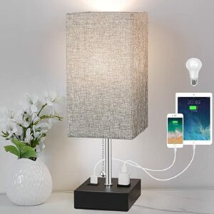 3-Color Temperature Bedside Lamp with USB Port and AC Outlet Table Lamps for Bedroom Lamps Nightstand Lamps with Grey Shade Black Metal Bed Lamp Small Desk Lamps for Living Room Office (Bulb Included)