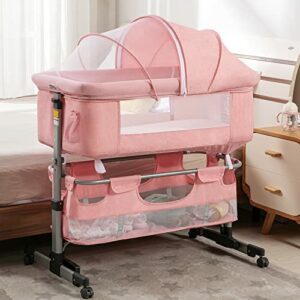 Cuddor Bedside Bassinet for Baby, Bedside Sleeper with Wheels, Heigt Adjustable, with Mosquito Nets, Large Storage Bag, for Infant/Baby/Newborn - Pink