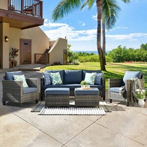 XIZZI Patio Furniture Sets Outdoor Conversation Set 5 Piece All Weather Wicker Sofa Sectional with Ottomans and 2 Pillows for Garden Backyard Deck,Grey Wicker Denim Blue