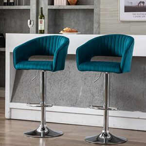 ZSARTS Teal Bar Stools Set of 2, Upholstered Velvet Swivel Barstools with Back Modern Adjustable Kitchen Dining Chairs with Silver Footrest for Pub Island Home Bar Dining Room, Teal