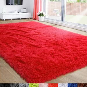Red Fluffy Living Room Rugs, Furry Area Rug 5x8 for Bedroom, Shag Rug for Kids Room, Living Room Decor, Fuzzy Carpet for Nursery, Plush Rug for Game Room, Soft Shaggy Rug for Play Room