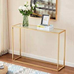 Gold Console Table, Glass Sofa Tables, Modern Open Hallway Table, Narrow Entryway Table, Slim Accent Porch Table, Couch Side Table with Golden Metal Frame, Easy Assembly, Minimalist Style (Glass Top)