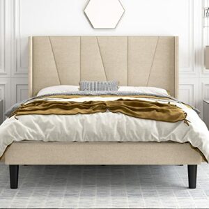 Hoomic Queen Size Upholstered Platform Bed Frame with Modern Geometric Wingback Headboard, Wooden Slats, No Box Spring Needed, Mattress Foundation, Light Beige
