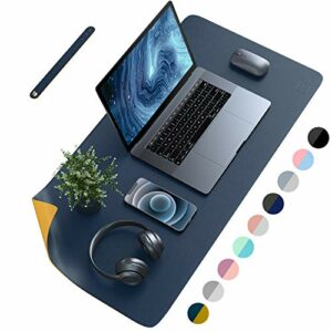 AFRITEE Desk Pad Protector Mat - Dual Side PU Leather Desk Mat Large Mouse Pad Waterproof Desk Organizers Office Home Table Decor Gaming Writing Mat Smooth (Navy Blue/Yellow, 31.5