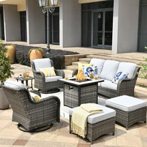 XIZZI Patio Furniture Sets 7 Pieces Outdoor Furniture All Weather Wicker Patio Conversation Sofa with 360 Degree Swivel Rocking Chairs Matching Side Table and Fire Pit Table,Grey Wicker Grey Cushion