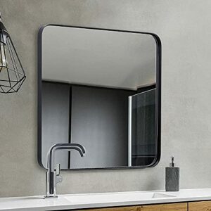 ANDY STAR Square Wall Mirror for Bathroom, 24”x24” Matte Black Bathroom Mirror, Rounded Corner Metal Mirror in Premium Stainless Steel Frame Hangs Horizontal Or Vertical