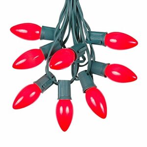 25 Foot C9 Red Ceramic Christmas String Light Set - Outdoor Christmas Light String - – Opaque Christmas Bulbs - Roofline Light String – Outdoor String Lights - Green Wire