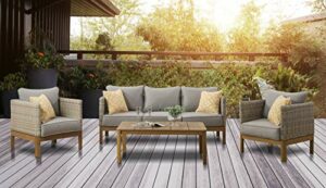 Mōd Furniture Blake 4-Piece Modern Outdoor Conversation Set with Hand Woven All-Weather Wicker and Stylish Mid Century Faux Wood Accents, BLAKE4PC-GRY, Grey