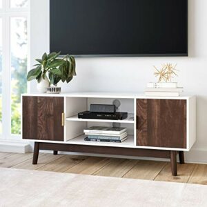 Nathan James Wesley Scandinavian TV Stand Media Console with Wooden Frame and Cabinet Doors, White/Walnut