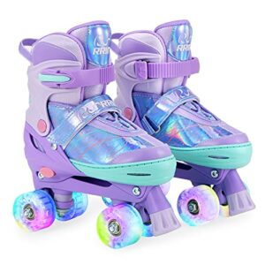 RunRRIn Roller Skates for Kids Girls, 4 Size Adjustable Quad Skate with Light Up Wheels for Children Indoor and Outdoor (Purple S)