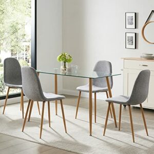 Bacyion Modern Dining Room Table Set 5 Pieces Dining Table Set for 4 - Rectangle Glass Dining Table with 4 Grey Fabric Dining Chairs - Kitchen & Dining Room Sets for Dining Room Kitchen