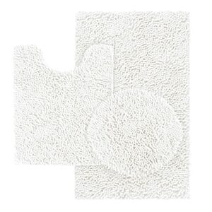 HOMEIDEAS 3 Pieces White Bathroom Rugs Set, Ultra Soft Non Slip Bath Rug and Absorbent Chenille Bath Mat, Includes U-Shaped Contour Rug, Bath Mat and Toilet Lid Cover, Perfect for Bathroom, Tub