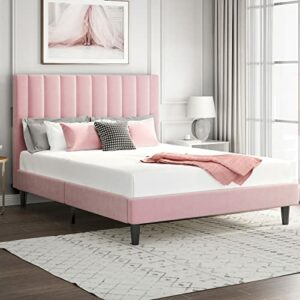 SHA CERLIN Queen Size Vertical Channel Platform Bed Frame / Velvet Upholstered Bed Frame with Headboard / Strong Wood Slats Support / Mattress Foundation / No Box Spring Needed / Pink