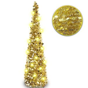 5Ft Christmas Tinsel Tree with 50 LED Warm Lights Pop Up Collapsible Shiny Sequin Artificial Xmas Pencil Trees for Home Apartment Office Shop Fireplace Holiday Party Indoor Outdoor Decoration(Gold)