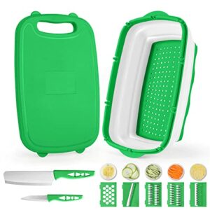 Gintan Camping Cutting Board, 9-in-1 Collapsible Cutting Board,Multifunctional Chopping Board with Colander, Kitchen Vegetable Washing Basket Silicone Dish Tub for BBQ Prep/Picnic/Camping（green）