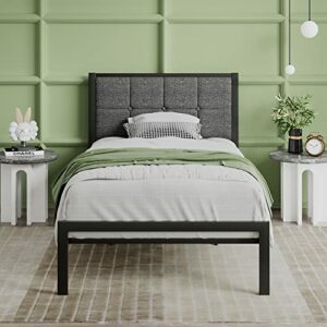 SHA CERLIN Twin Size Bed Frame with Upholstered Headboard, Platform Bed Frame with Metal Slats, Button Tufted Square Stitched Headboard, Noise Free, No Box Spring Needed, Easy Assembly, Dark Grey