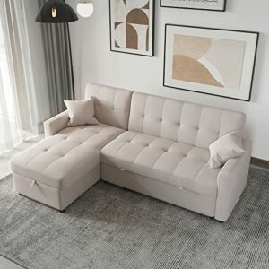 MGH Reversible Sectional Sleeper Sofa, 82In Wide Sectional Sofa Couch with Storage, Pull-Out Sofa Bed L-Shape Sectional Sofa with Chaise for Living Room Small Apartment (Light Grey), LV7047